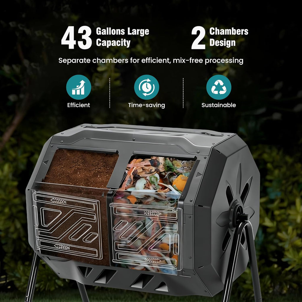Compost Bin Outdoor 43 Gallon, Dual Chamber Composter Tumbler Outdoor with Gloves, Efficient 360??Rotating Composting Bin for Patio, Lawn, Home Gardening and Landscape, Pure Black