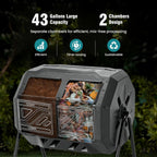 Compost Bin Outdoor 43 Gallon, Dual Chamber Composter Tumbler Outdoor with Gloves, Efficient 360??Rotating Composting Bin for Patio, Lawn, Home Gardening and Landscape, Black