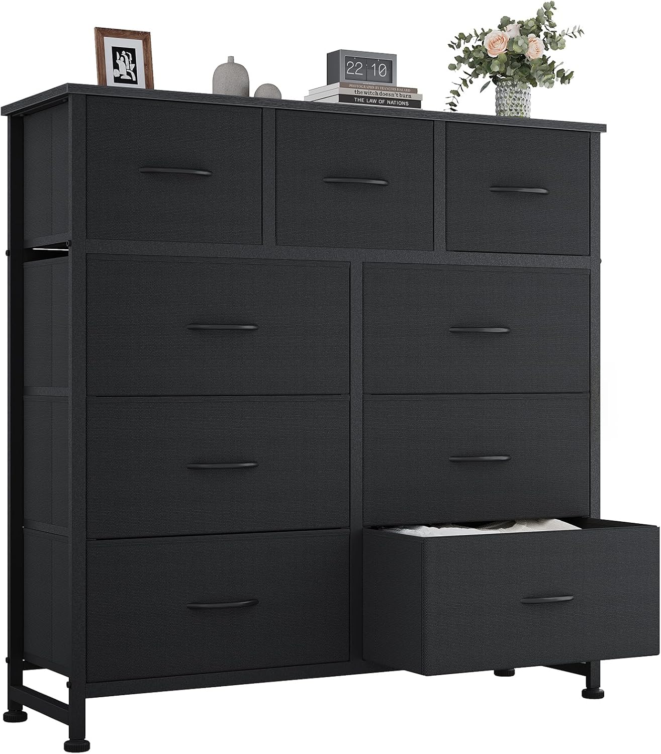 9 Drawer Storage Dresser with Wood Top - Wide Fabric Chest Organizer for Bedroom, Closet, Living Room,Tower Cabinet, TV Stand, Hallway Entryway Furniture,Bright White