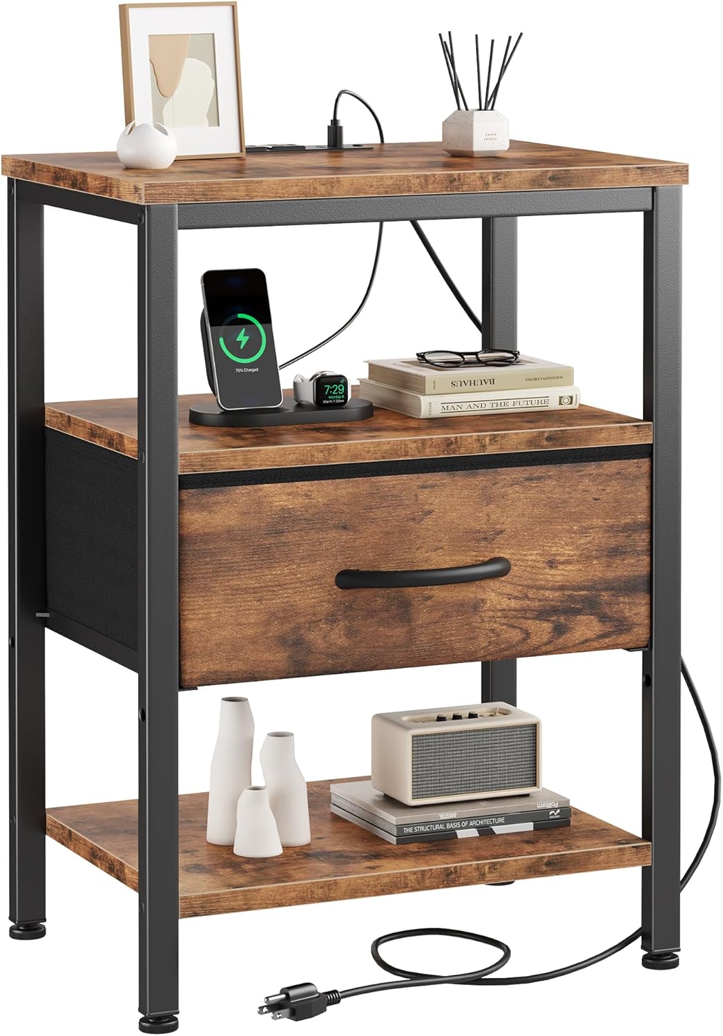 Nightstand Set of 2 with Wireless Charging Station Bed Side Tables with Adjustable Fabric Drawers 3-Tier Storage End Tables Modern Design,Black