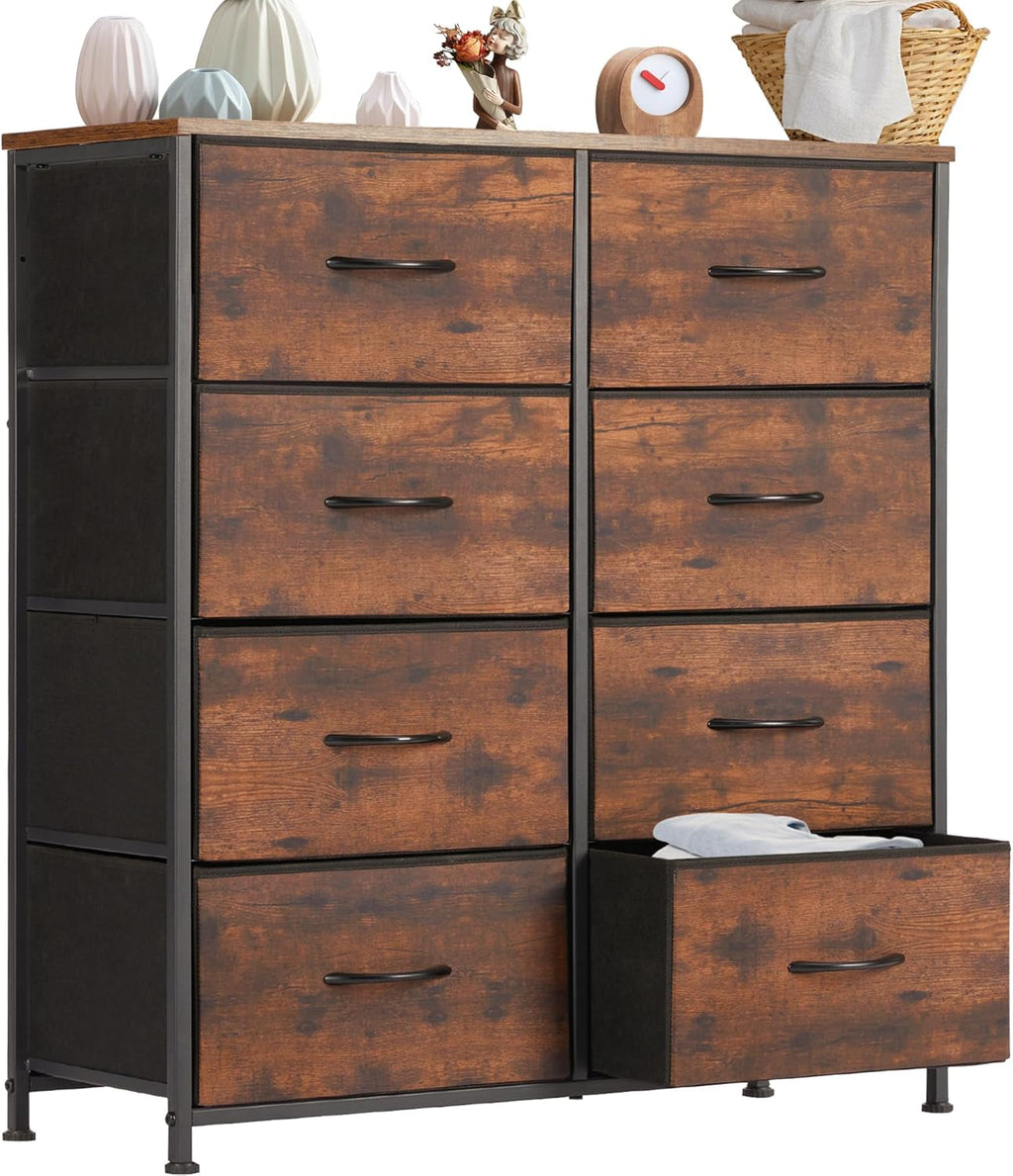 8 Drawer Dresser for Bedroom, Fabric Storage Organizer with Sturdy Metal Frame, Wooden Top Chest of Drawers for Closet Entryway Guest Room,Matte Black