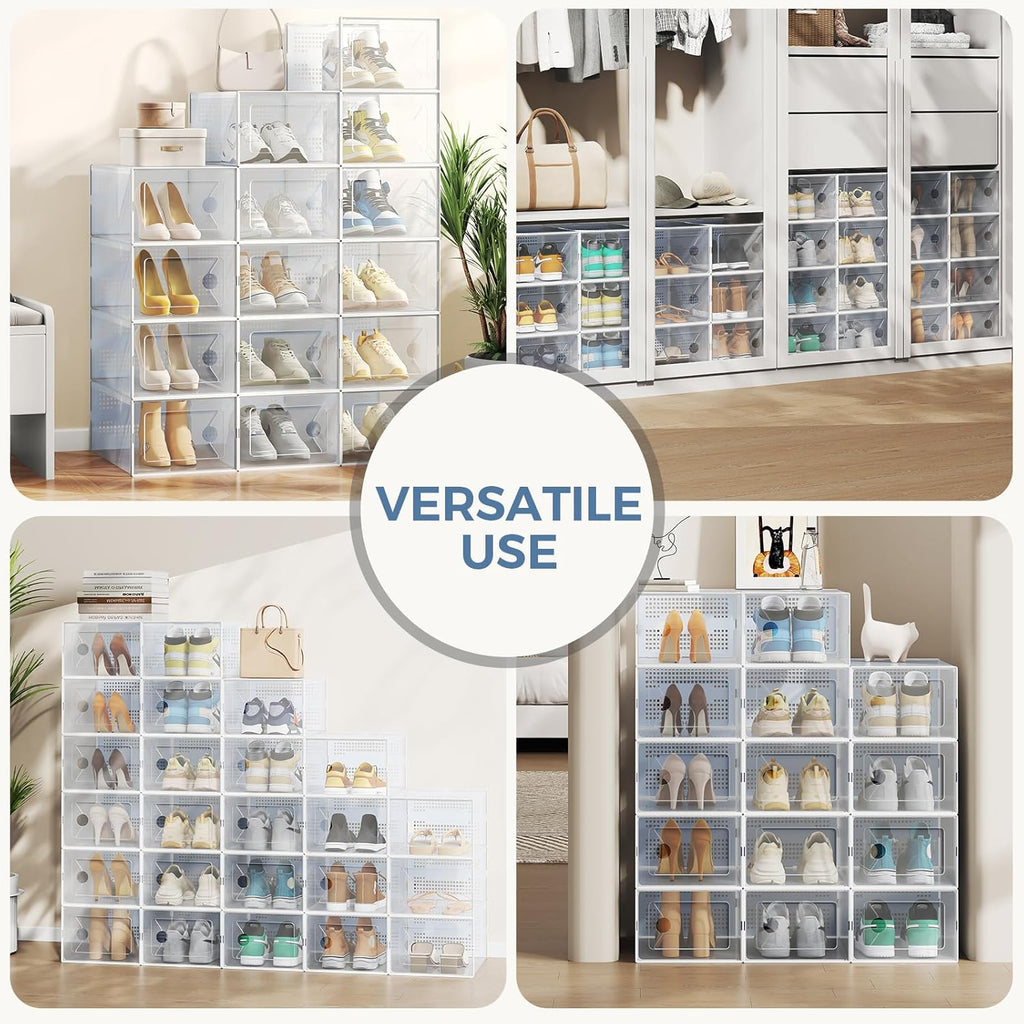 Shoe Storage Boxes, 15-Pack Stackable Clear Shoe Containers with Lids, Display Sneaker Case Organizer for Closet, Under Bed, Entryway,White (Fit Size 9)