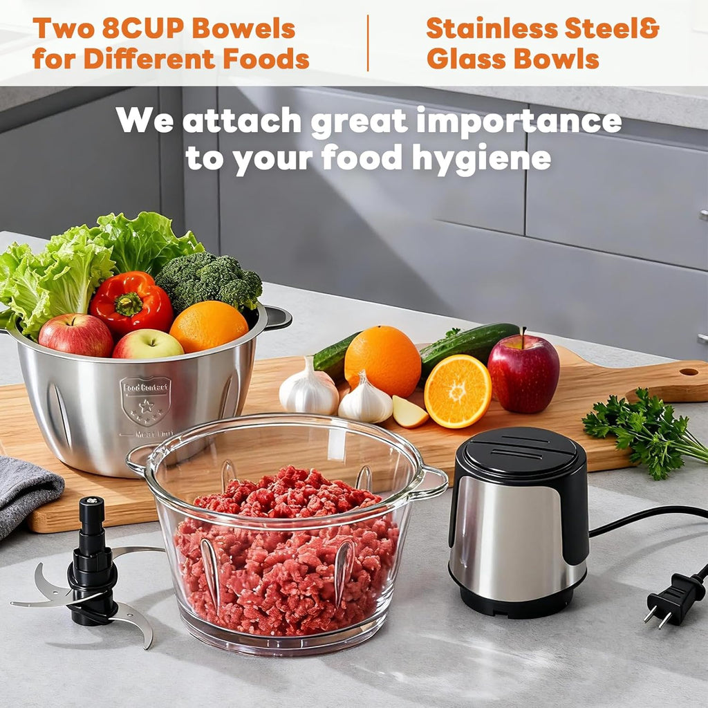 Electric Food Processor, 450W Meat Grinder & Vegetable Chopper with 2 Bowels for Home Use, Food Chopper with Double S-Blades for Vegetable, Onion, Garlic, Nuts, Meat
