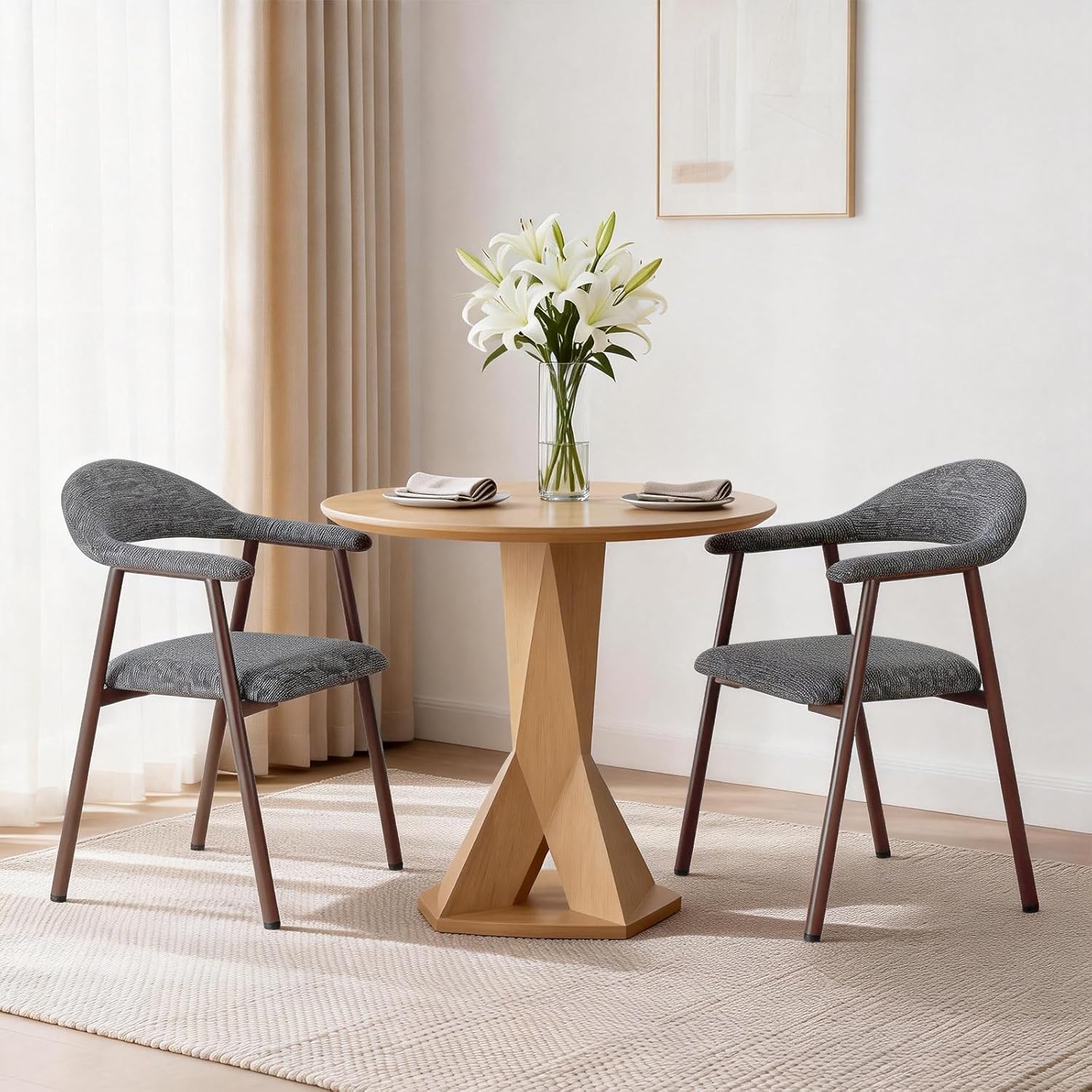Dining Chairs Set of 2, Linen Fabric Upholstered Kitchen Side Chairs with Curved Backrest & Metal Legs, Modern Farmhouse Accent Chairs for Dining Room Kitchen Living Room Cafe, Gray