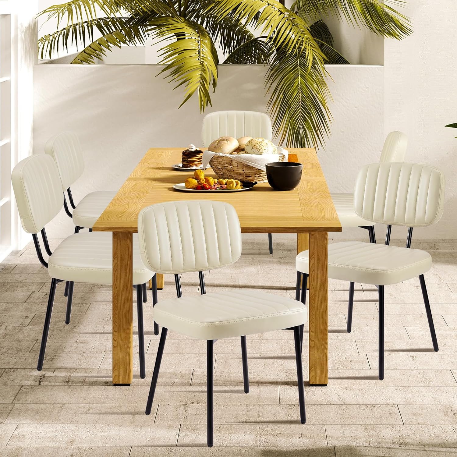 Dining Chairs Set of 6, Upholstered Mid-Century PU Leather Accent Chair with Backrest and Metal Legs for Kitchen, Living Room,Beige White