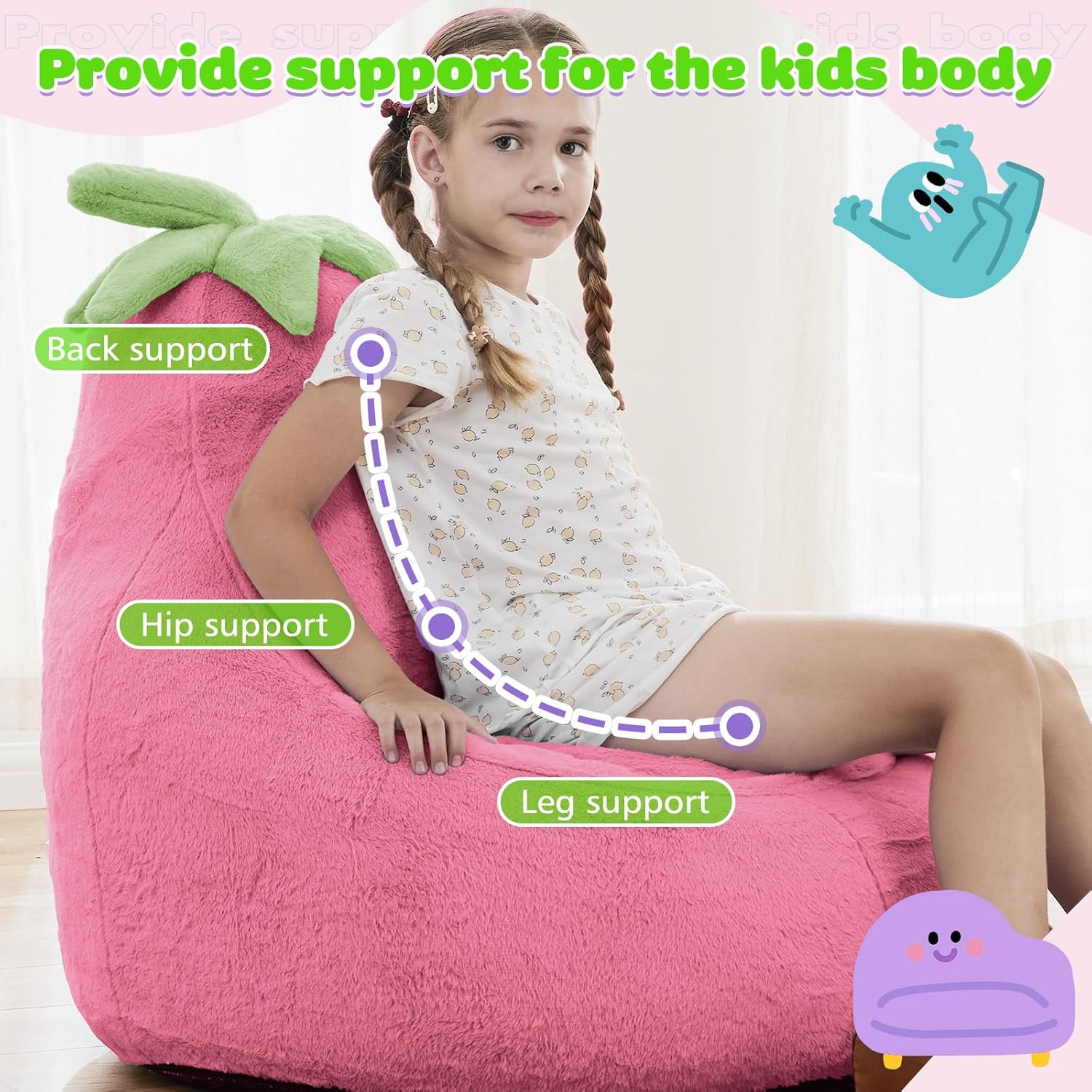 Kids Bean Bag Chair, Stuffed Toddler Couch with Faux Rabbit Fur Cover for Teens & Kids, Comfy Lazy Sofa Chair for Reader, Living Room, Bedroom, Aged 4-12 Years, 24 Inch, Rose Red