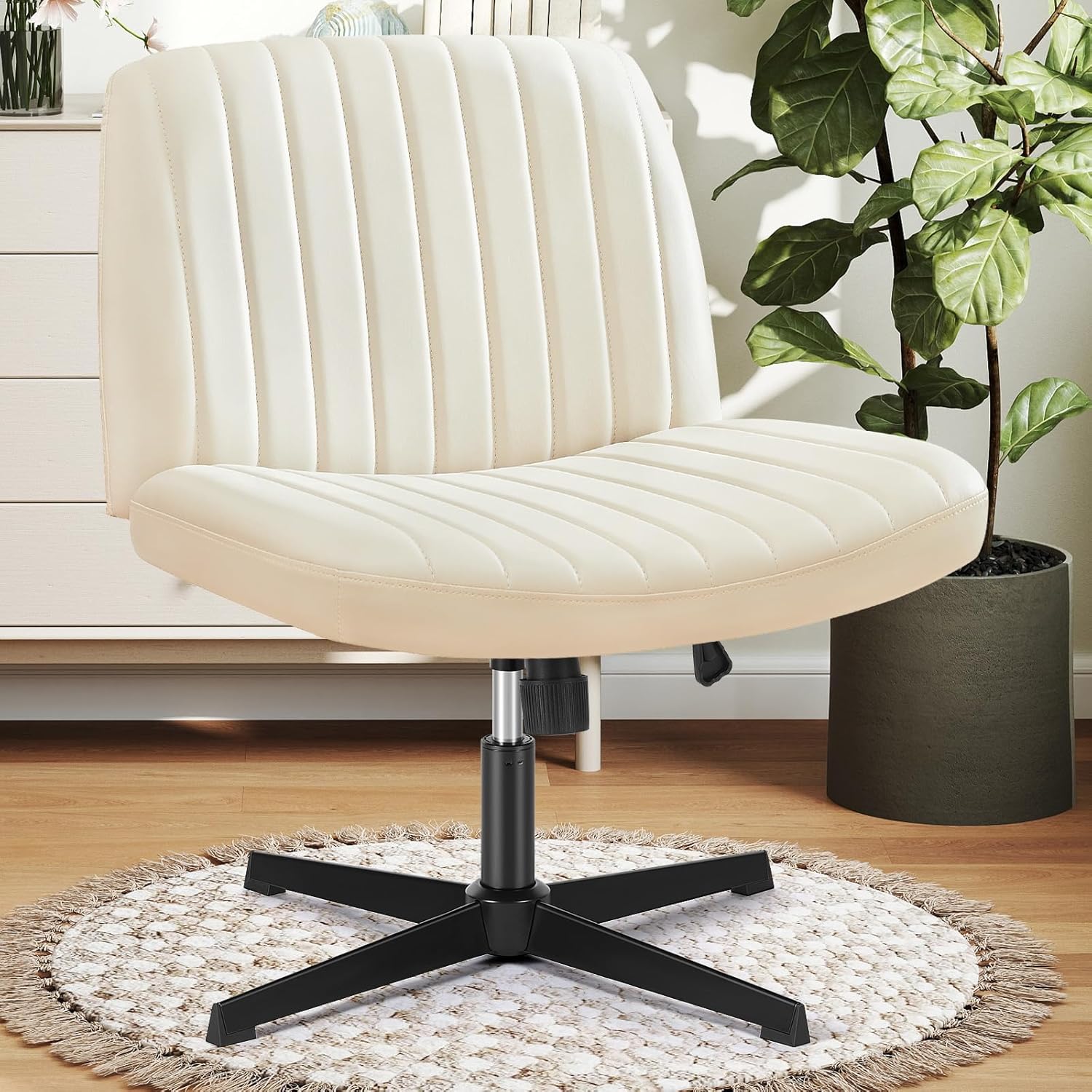Criss Cross Chair No Wheels, Legged Office Desk Armless Chair Wide Seat, Adjustable Swivel Teddy Fabric Task Vanity Chairs for Home Bedroom, Beige