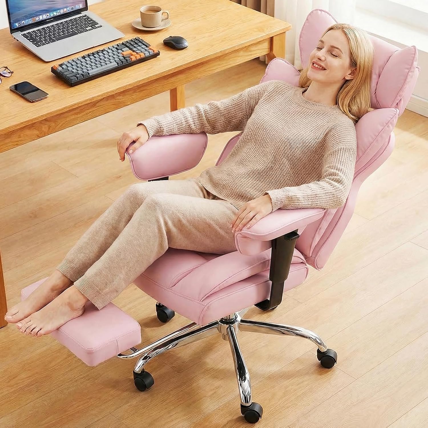 Big and Tall Home Office Desk Chair, Gaming Computer Chair, Executive Ergonomic Chair with Footrest, High Back Reclining, Adjustable Armrests and Comfy Lumbar Support, PU Leather, Pink