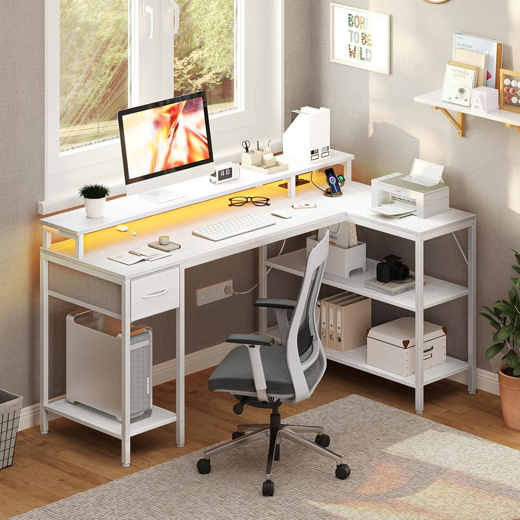 53?? Gaming Desk with USB Charging Ports & LED Lights, Reversible L Shaped Desks Computer Corner Gamer Table with Power Outlets Monitor Stand Storage Shelves for Home Office Small Space, White
