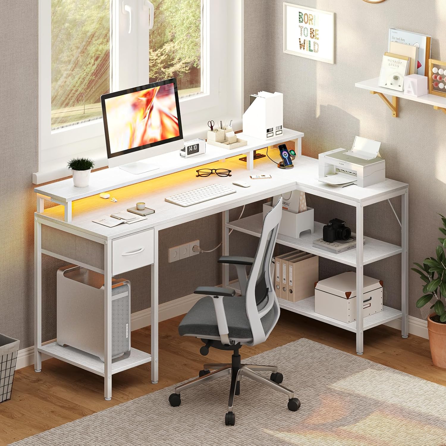 53?? Gaming Desk with USB Charging Ports & LED Lights, Reversible L Shaped Desks Computer Corner Gamer Table with Power Outlets Monitor Stand Storage Shelves for Home Office Small Space, White