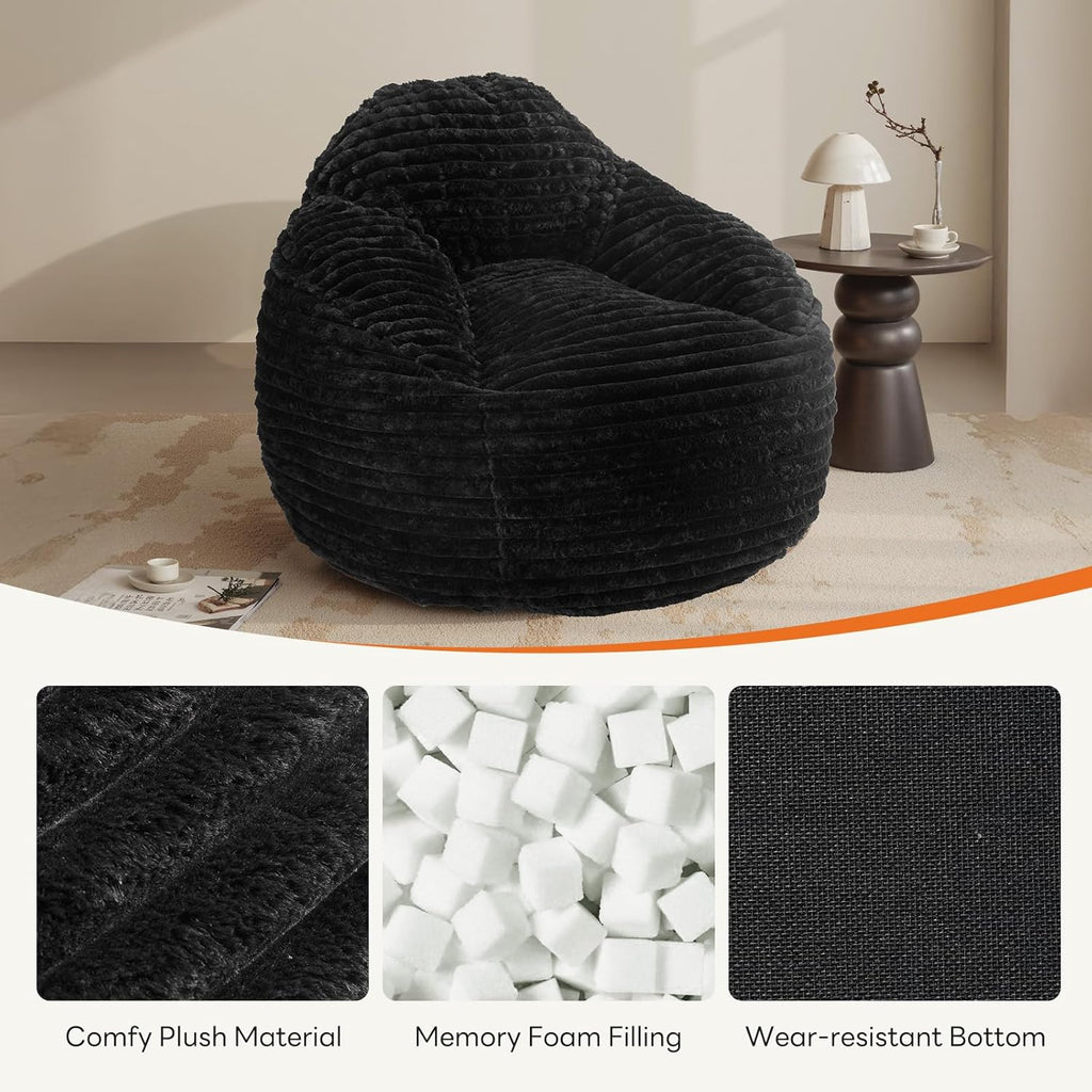 Bean Bag Chair, 39 Inch Bean Bags for Adults and Kids, Chair with Memory Foam Filled, Bean Bag Couch with Backrest and Armrests, Comfy Sofa for Living Room, Bedroom and Dorm, Black