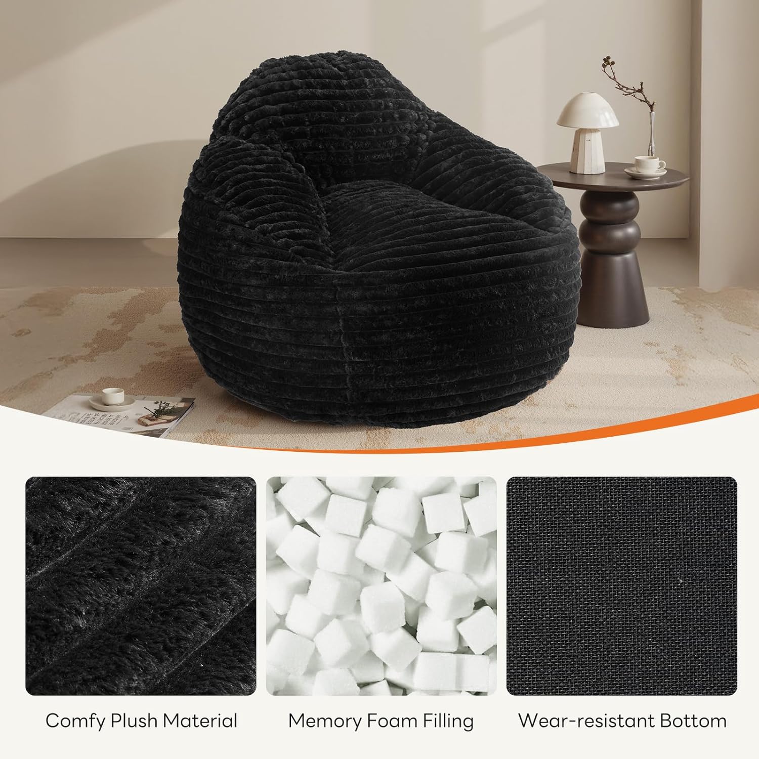 Bean Bag Chair, 39 Inch Bean Bags for Adults and Kids, Chair with Memory Foam Filled, Bean Bag Couch with Backrest and Armrests, Comfy Sofa for Living Room, Bedroom and Dorm, Black