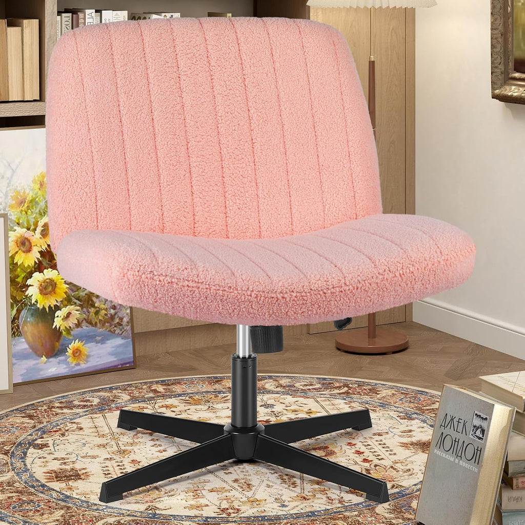 Criss Cross Chair with Wheels Wide Cross Legged Office Desk Vanity Chair Comfy Fabric Armless Adjustable Swivel for Home Computer Task PU Black