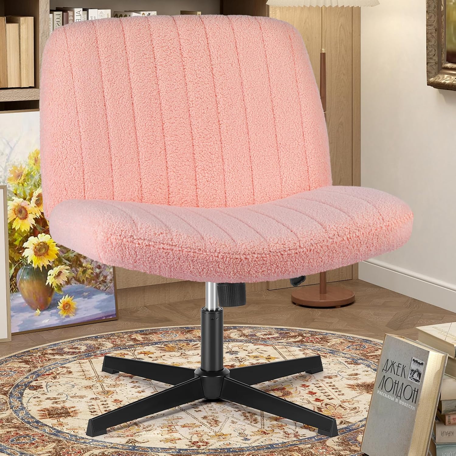 Criss Cross Chair with Wheels Wide Cross Legged Office Desk Vanity Chair Comfy Fabric Armless Adjustable Swivel for Home Computer Task PU Black