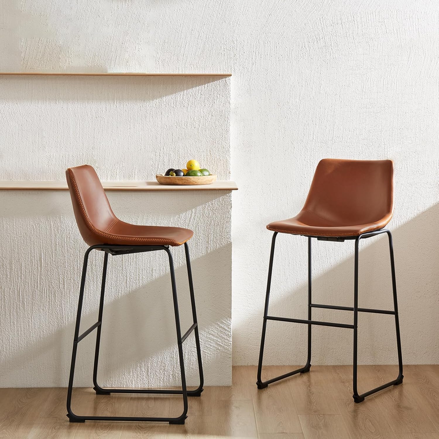 26 Inch Counter Height Bar Stools Set of 2, Modern Faux Leather High Barstools with Back and Metal Leg, Bar Chairs for Kitchen Island, Elegant Brown