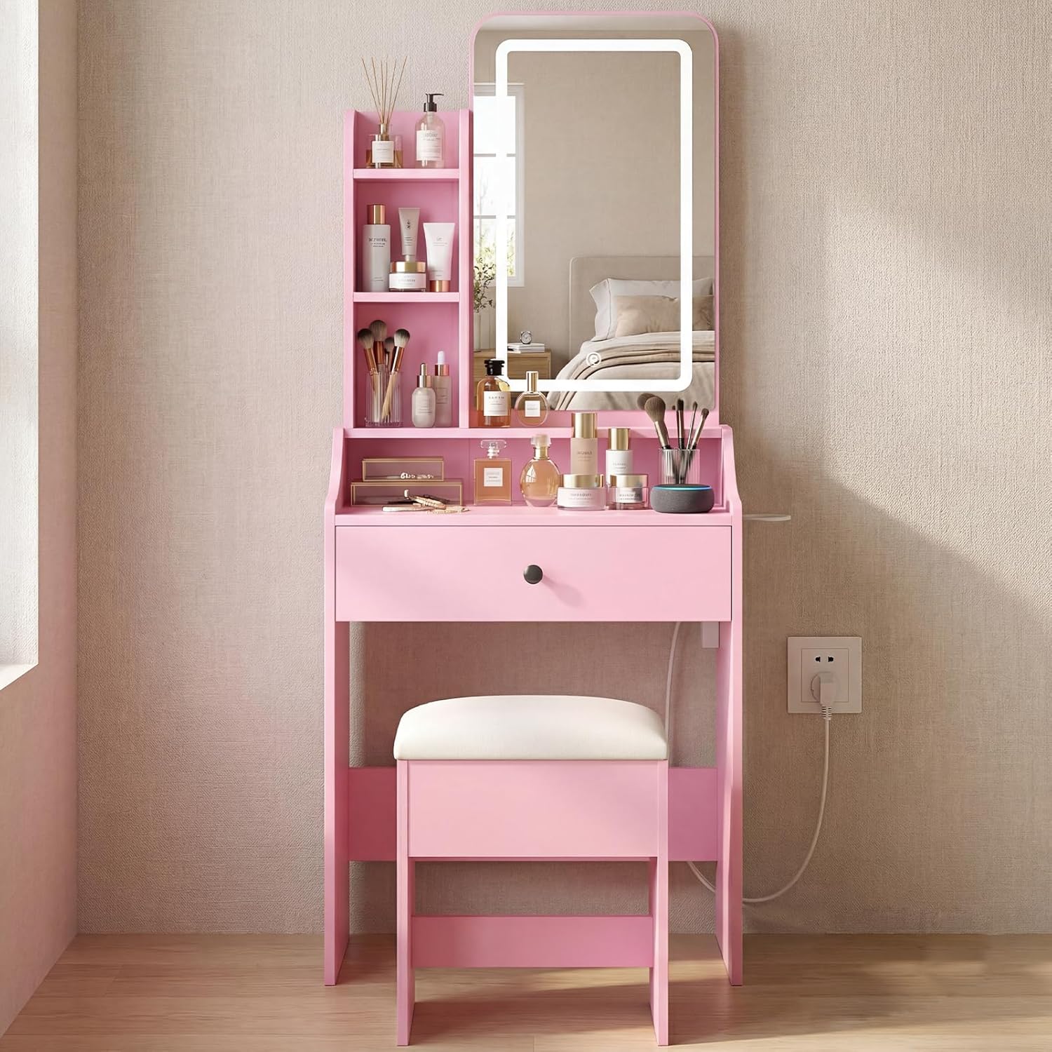 Makeup Vanity Desk, Vanity Table Set with Mirror and Lights, Small Vanity with Storage Bench, Charging Station and Hair Dryer Holder, Dressing Table with Drawer and Three Shelves, White