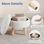 Round Storage Ottoman with Reversible Tray Lid, Multi-Functional Footrest, Teddy Velvet Footstool with Wood Legs, Small Coffee Table for Living Room, Bedroom, Beige