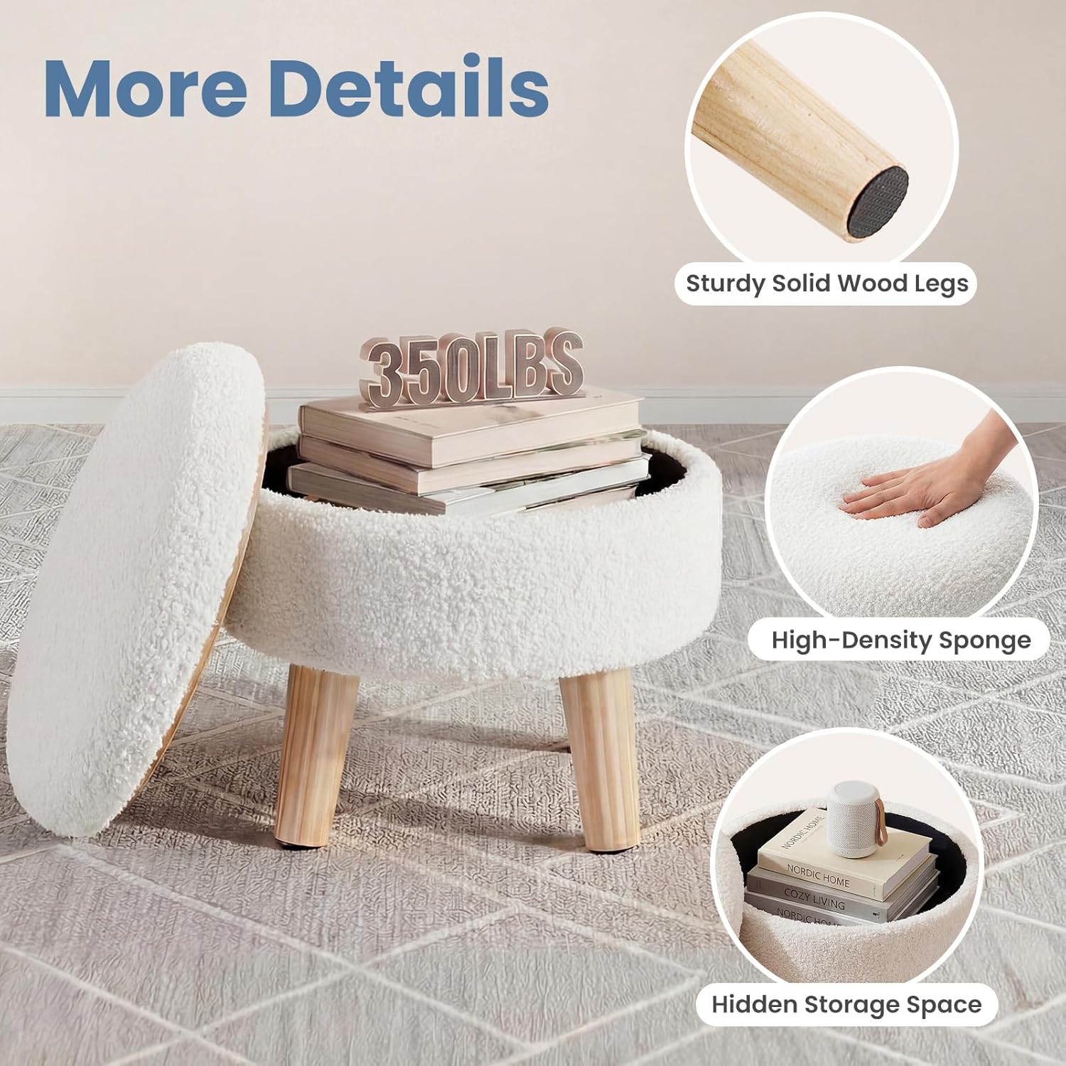 Round Storage Ottoman with Reversible Tray Lid, Multi-Functional Footrest, Teddy Velvet Footstool with Wood Legs, Small Coffee Table for Living Room, Bedroom, Beige