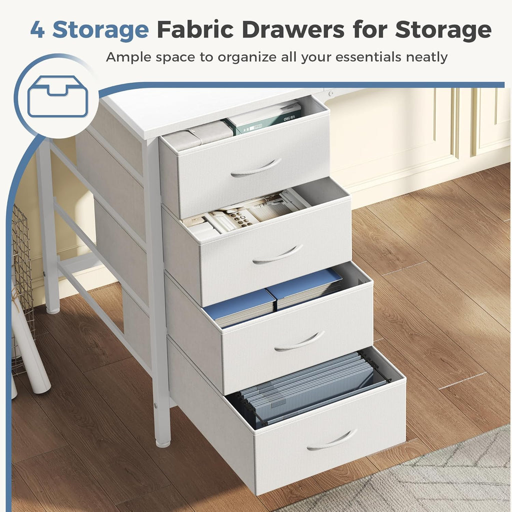 Computer Desk with 4 Drawers,4 Drawer Gaming Desk with Power Outlets and LED Lights,Office Desk for Small Spaces with Monitor Shelf,Writing Desk for Home Office, Bedroom,Study 45 Inch White