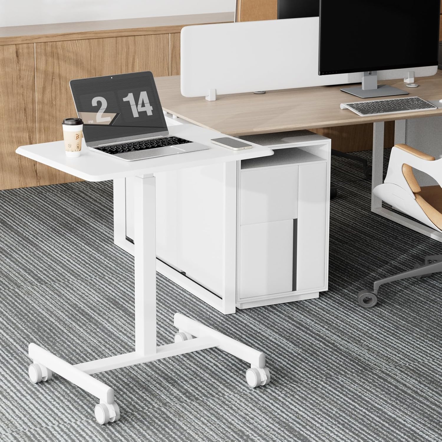Small Standing Desk with Locking Wheels, Mobile Portable Rolling Laptop PC Table, Adjustable Height Computer Workstation for Home Office, 19 Inch, White