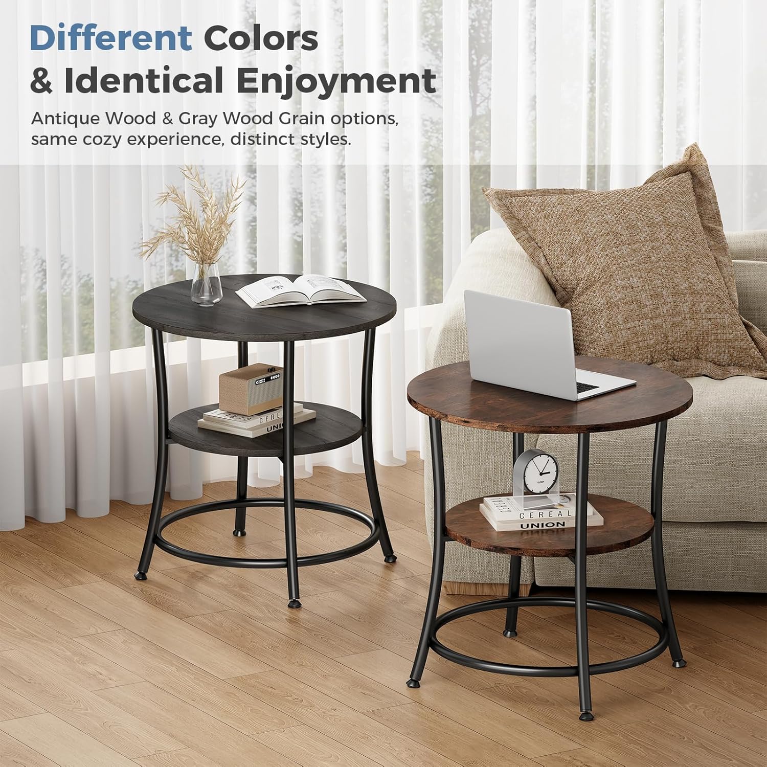 Side Round Table for Living Room, 2-Tier Accent End Table with Storage Shelf,Sturdy Metal Frame Nightstand for Small Space, Round Bedside, Grey Wood Grain
