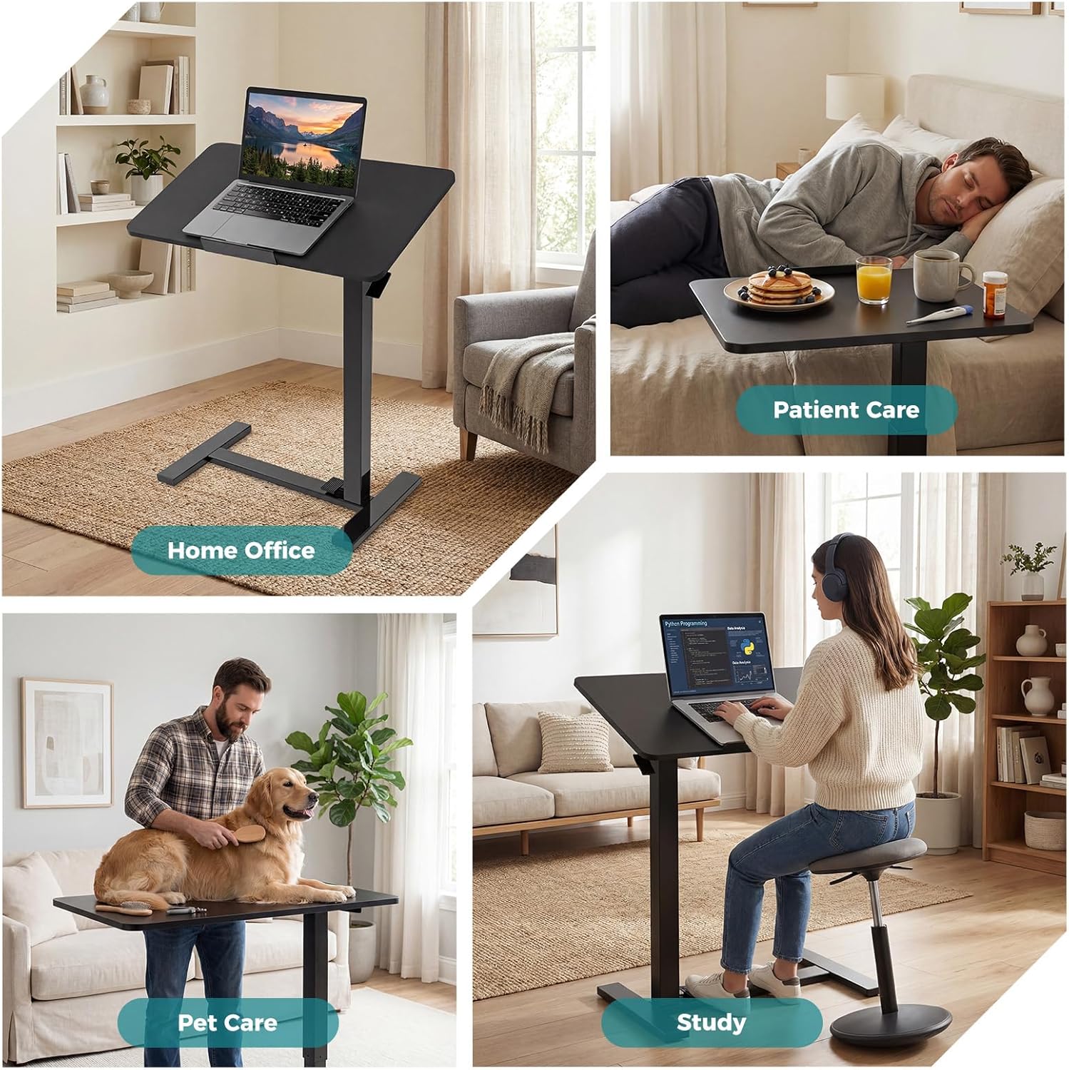 Mobile Standing Desk, Height-Adjustable Computer Cart with Pneumatic Lift, Portable Computer Workstation Cart for Bed, Couch, Office, Sofa, Black