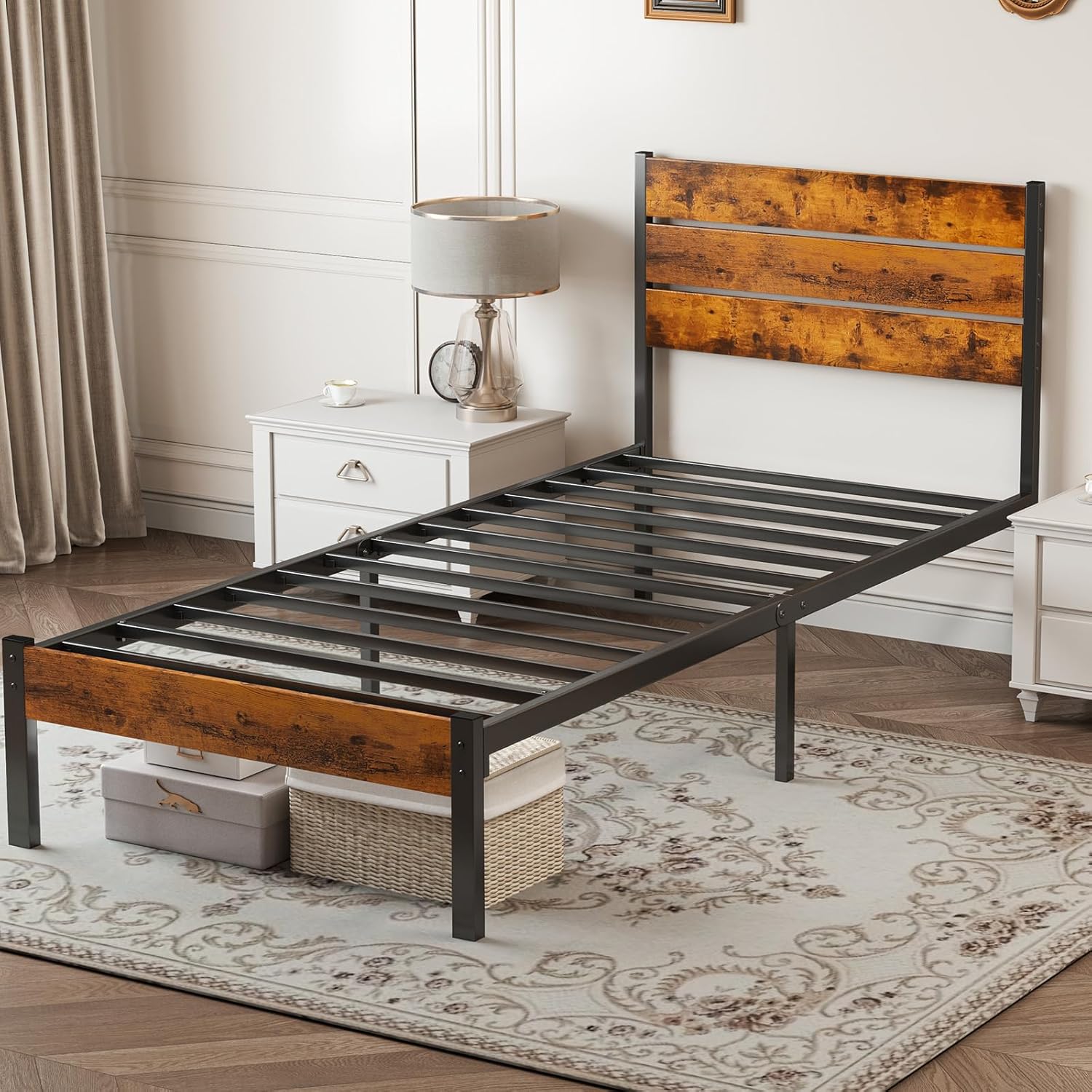 Twin Size Metal Platform Bed Frame - Mattress Foundation with Headboard and and Footboard, No Box Spring Needed with 700LBS Sturdy Wooden Slats Support, Noise Free, Easy Assembly