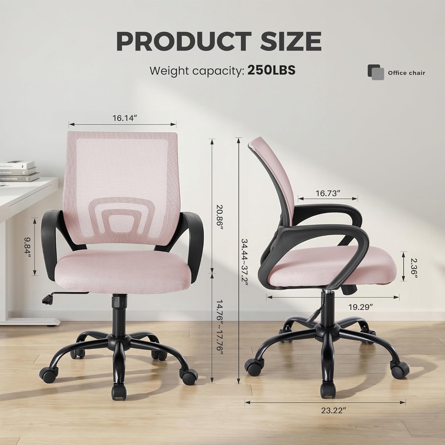 Office Desk Chair - Ergonomic Mid Back with Lumbar Support & Rocking Mode, Height Adjustable with Fixed Armrest, for Home, Computer, Gaming, Conference, Meeting Room, 360?? Swivel, Pink, 2 Pack