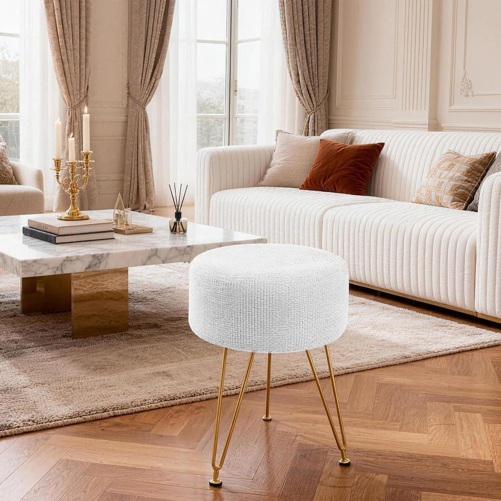 Velvet Vanity Stool, 350LBS Heavy-Duty Makeup Stool with 4CM Thick Cushion, Round Ottoman Footrest Chair for Bedroom, Bathroom, Dressing Table, Easy-Clean Soft Fabric, Beige