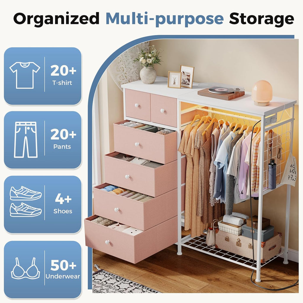 Dresser for Bedroom with Hanging Rack, 6 Drawer Fabric Dresser with Charging Station and LED Lights, Closet Organizer & Storage Tower for Living Room, Entryway, Apartment, Pink