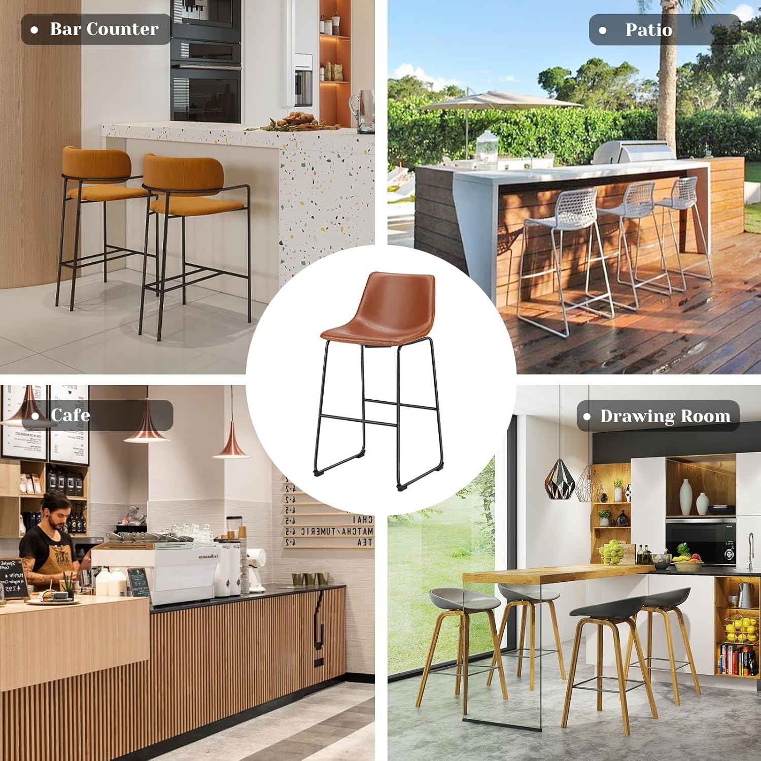 26 Inch Counter Height Bar Stools Set of 2, Modern Faux Leather High Barstools with Back and Metal Leg, Bar Chairs for Kitchen Island, Elegant Brown
