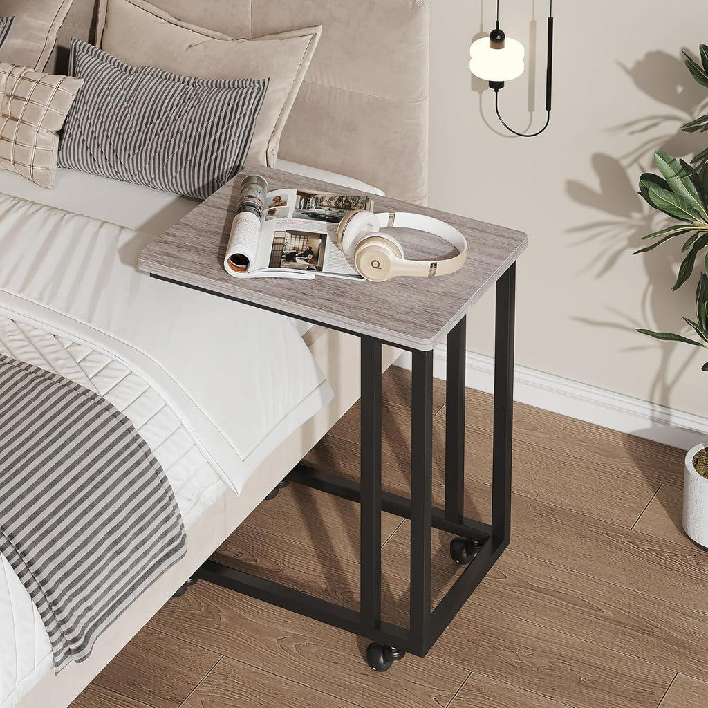 C Tables Counch That Slide Under Set of 2, Bed Side Table Tray Sofa Portable Rolling with Wheels Metal Frame, Wood Stand for Living Room Entryway Small Space Bedroom, Grey