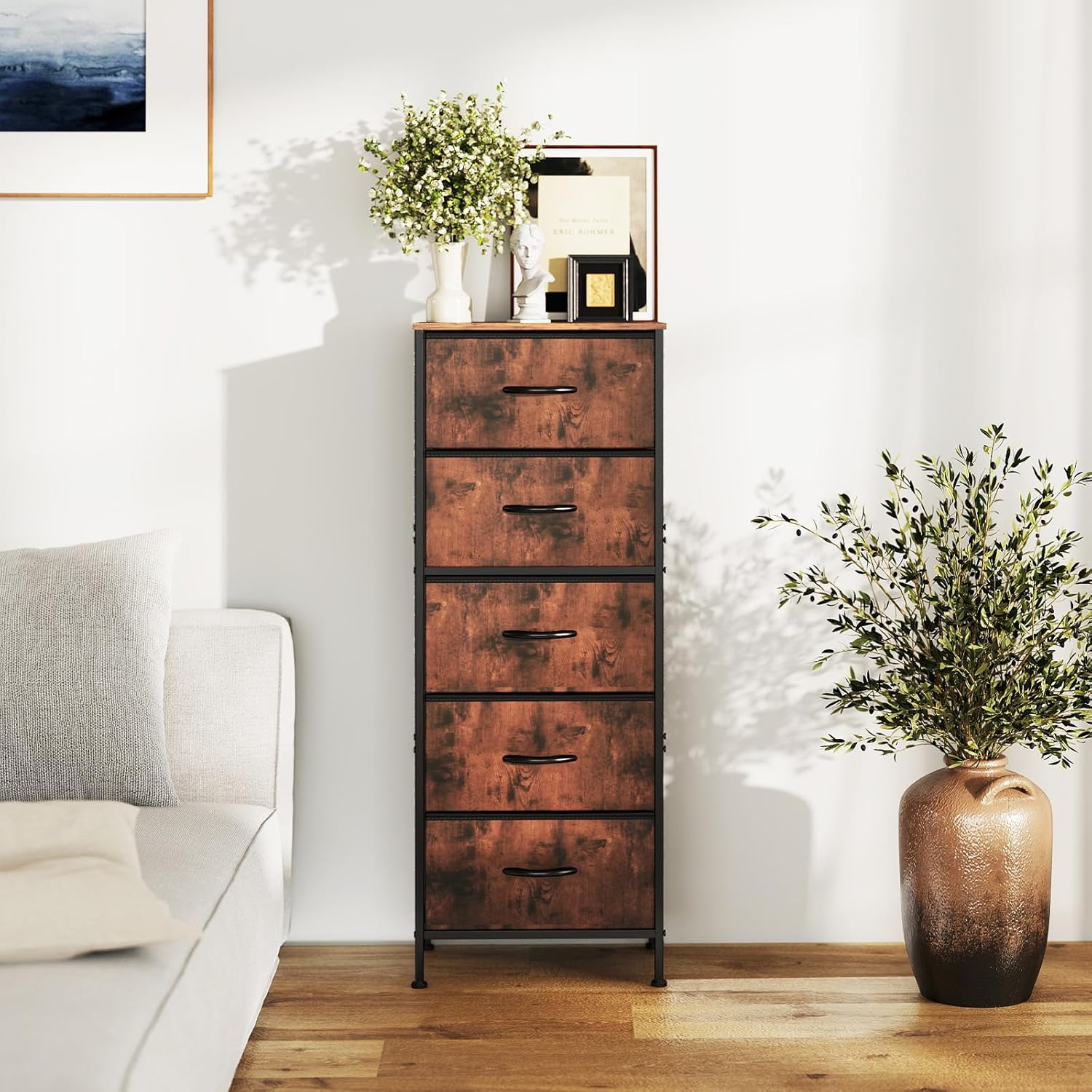 TV Stand Dresser with 5 Fabric Storage Drawers, Media Console Featuring Open Shelf for 45 inch TV, Compact Entertainment Unit for Bedroom, Living Space, or Dorm Organization, Oak