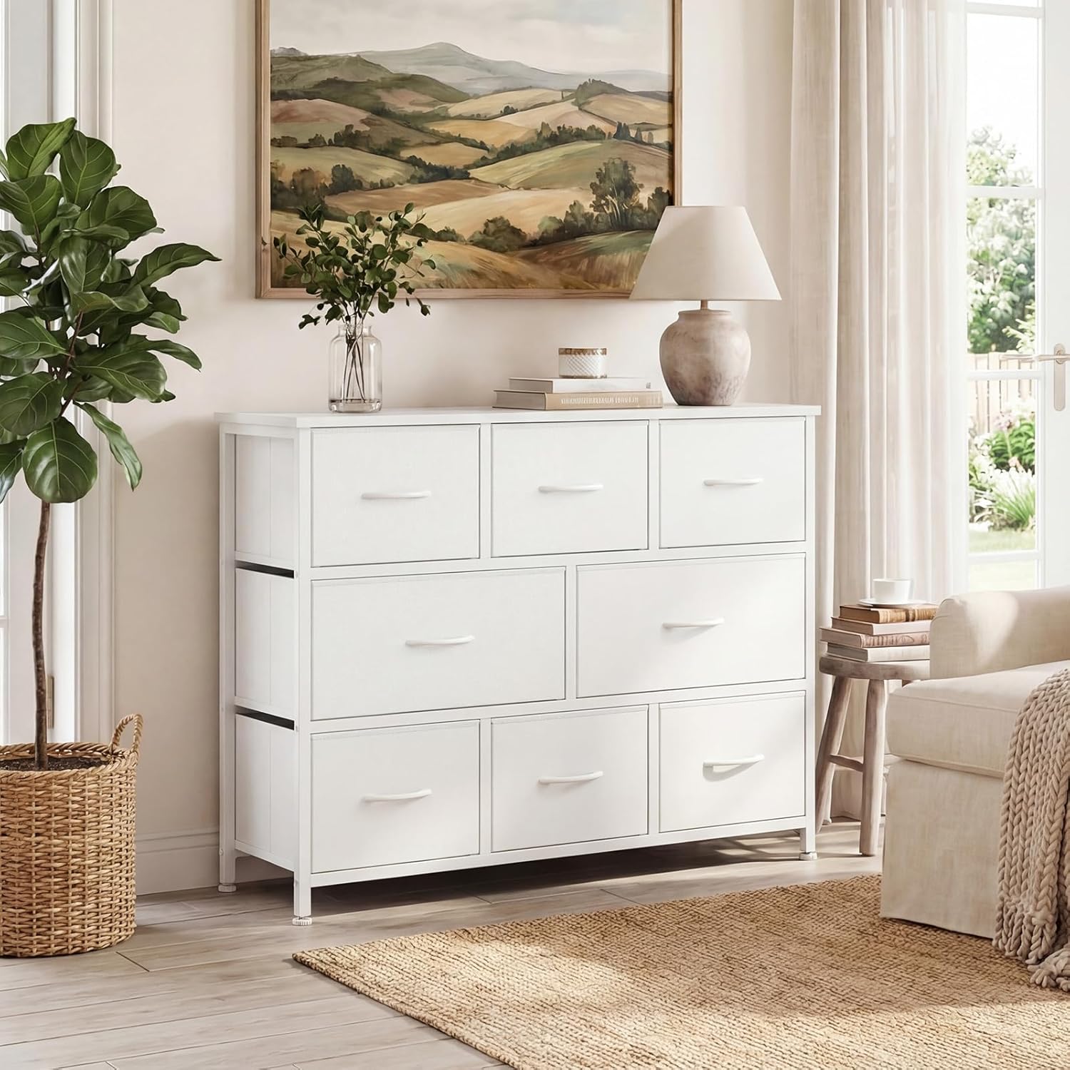 TV Stand, Dresser with 8 Fabric Drawers, Spacious Storage Tower for Closet, TV Stand with Wood Top and Mental Frame, Storage Unit for Living Rooms, Bedroom and Entryway, White