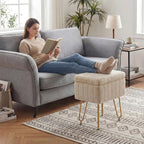 Vanity Stool Chair with Storage, Small Ottoman Faux Fur Soft Padded Footstools Seat with 4 Metal Legs Anti-Slip Adjustable Feet Modern Footrest for Home Entryway Bedroom Makeup Camel