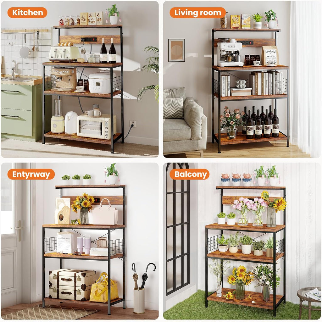 Kitchen Bakers Rack with Power Outlet, Coffee Bar Table 4 Tiers, Microwave Oven Stand Station, Adjustable Storage Shelf Freestanding Appliance Organizer - 23.6 Inch, Rustic Brown
