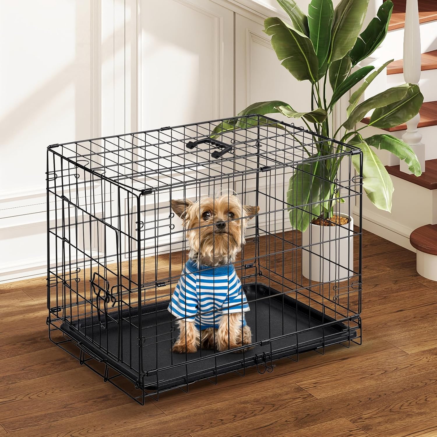 Dog Crate, 24 Inch Small Single Door Dog Cage with Plastic Leak-Proof Pan Tray, Folding Metal Wire Pet Kennel for Indoor, Outdoor, Travel