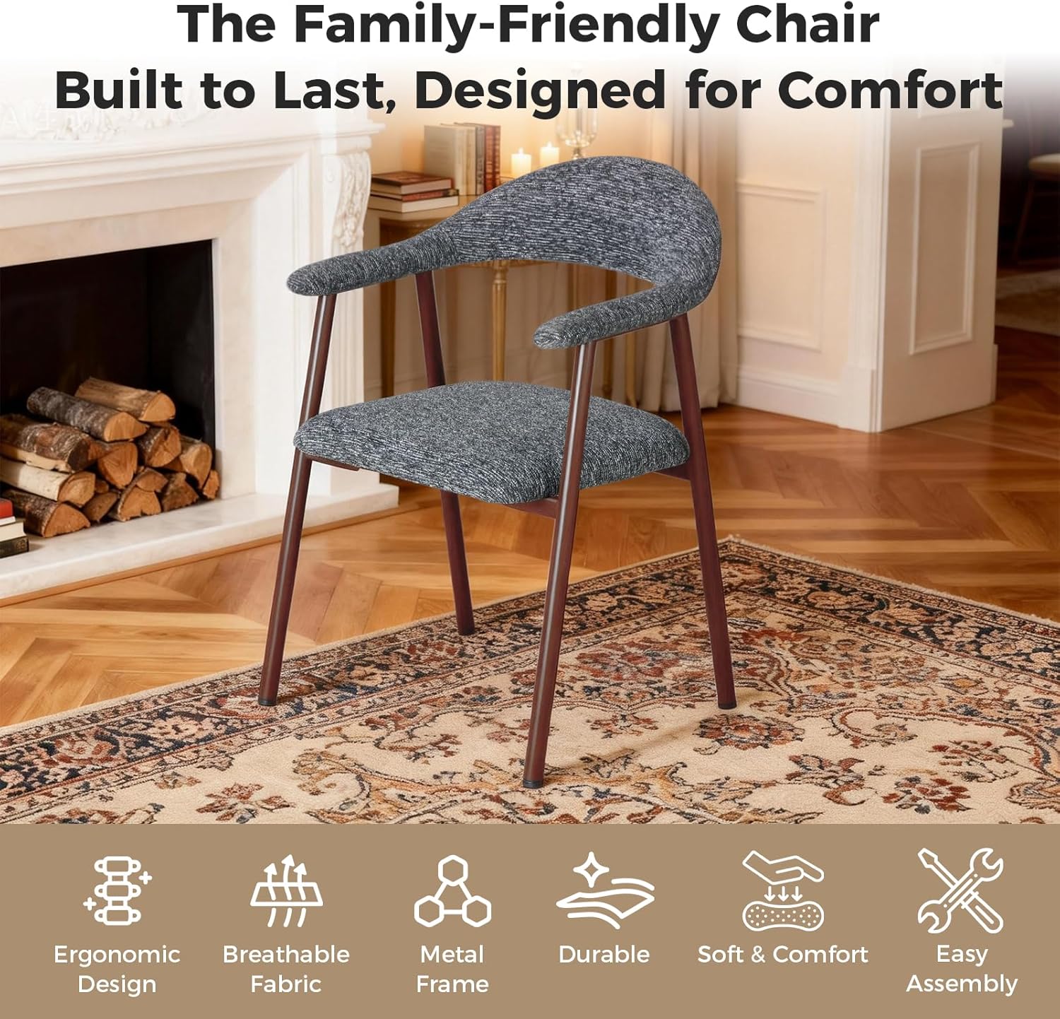 Dining Chairs Set of 2, Linen Fabric Upholstered Kitchen Side Chairs with Curved Backrest & Metal Legs, Modern Farmhouse Accent Chairs for Dining Room Kitchen Living Room Cafe, Gray