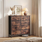 TV Stand for Bedroom, Dresser with 10 Drawers, Fabric Units of Drawers with Metal Frame and Wood Top, Living Room Storage Organizers Units for Books, TV and Other Items, Dark Rust