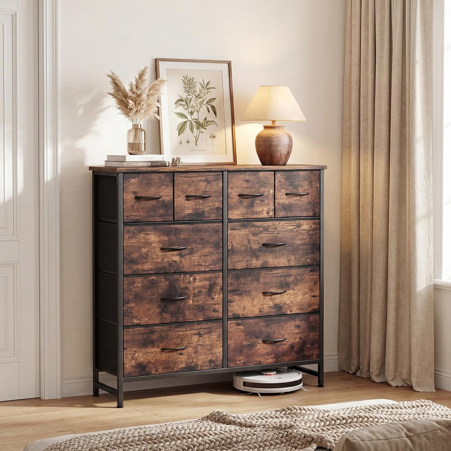 TV Stand for Bedroom, Dresser with 10 Drawers, Fabric Units of Drawers with Metal Frame and Wood Top, Living Room Storage Organizers Units for Books, TV and Other Items, Dark Rust