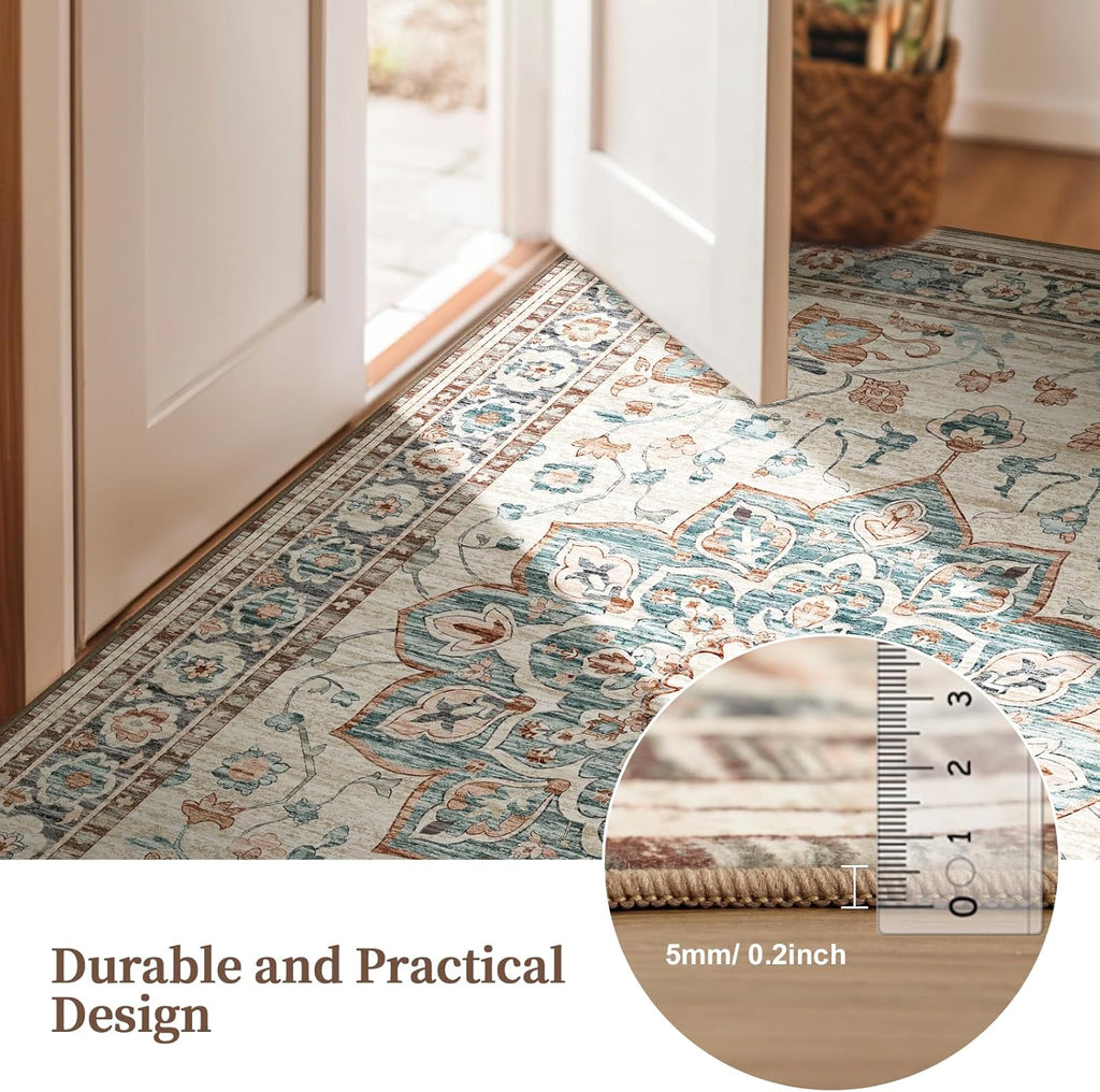 8x10 FT Large Area Rug for Living Room, Machine Washable Low-Pile Rug with Non-Slip Backing, Durable Edge Binding for Bedroom, Dining Room, Vintage Brown