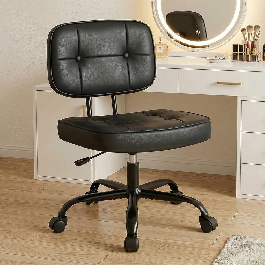 Home Office Desk Chair - Ergonomic Armless PU Leather Computer Rolling Task Chair??with Comfy Lumbar Support and Height Adjustable, Vanity, Bedroom, Pink