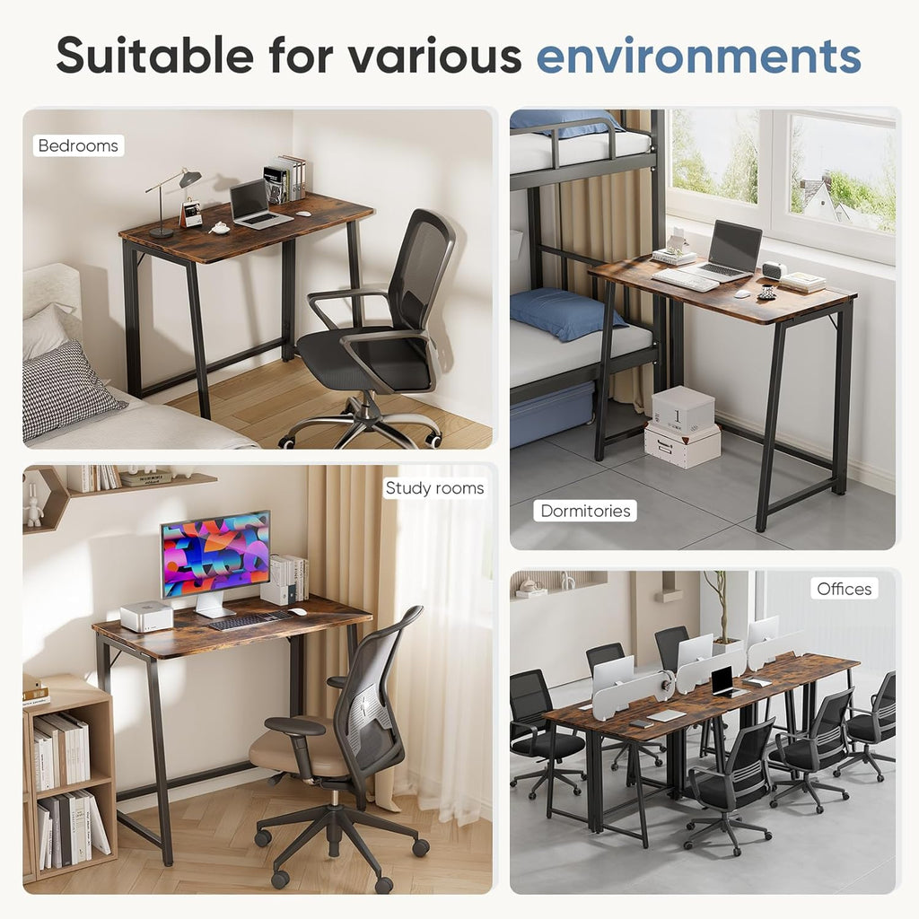 31.5 Inch Folding Desk, Foldable Computer Table for Small Spaces, Metal Frame Gaming Writing Work Station, Mini Home Office Surface, Rustic Brown