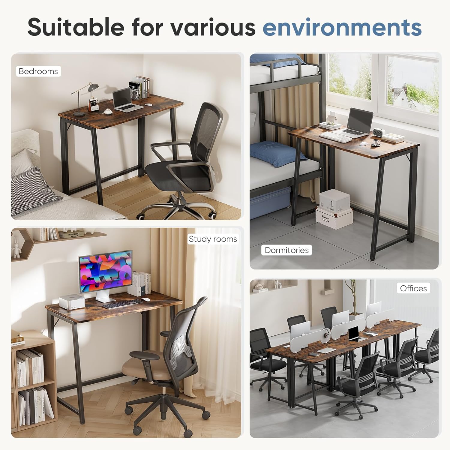 31.5 Inch Folding Desk, Foldable Computer Table for Small Spaces, Metal Frame Gaming Writing Work Station, Mini Home Office Surface, Rustic Brown