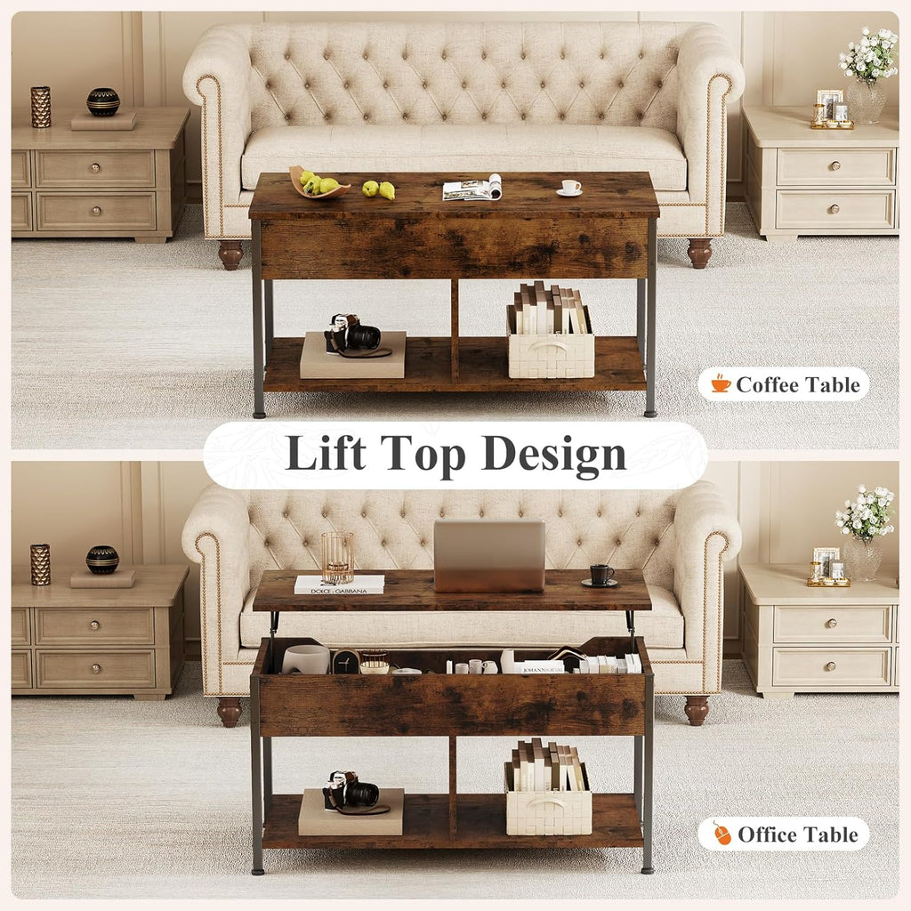 Lift Top Coffee Table with Storage 39 Center Table with Hidden Compartment & 2 Shelves Farmhouse, Wood Coffee Table for Living Room with Sturdy Lift-Top Adjustable Feet Brown