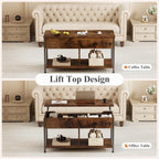 Lift Top Coffee Table with Storage 39 Center Table with Hidden Compartment & 2 Shelves Farmhouse, Wood Coffee Table for Living Room with Sturdy Lift-Top Adjustable Feet Brown