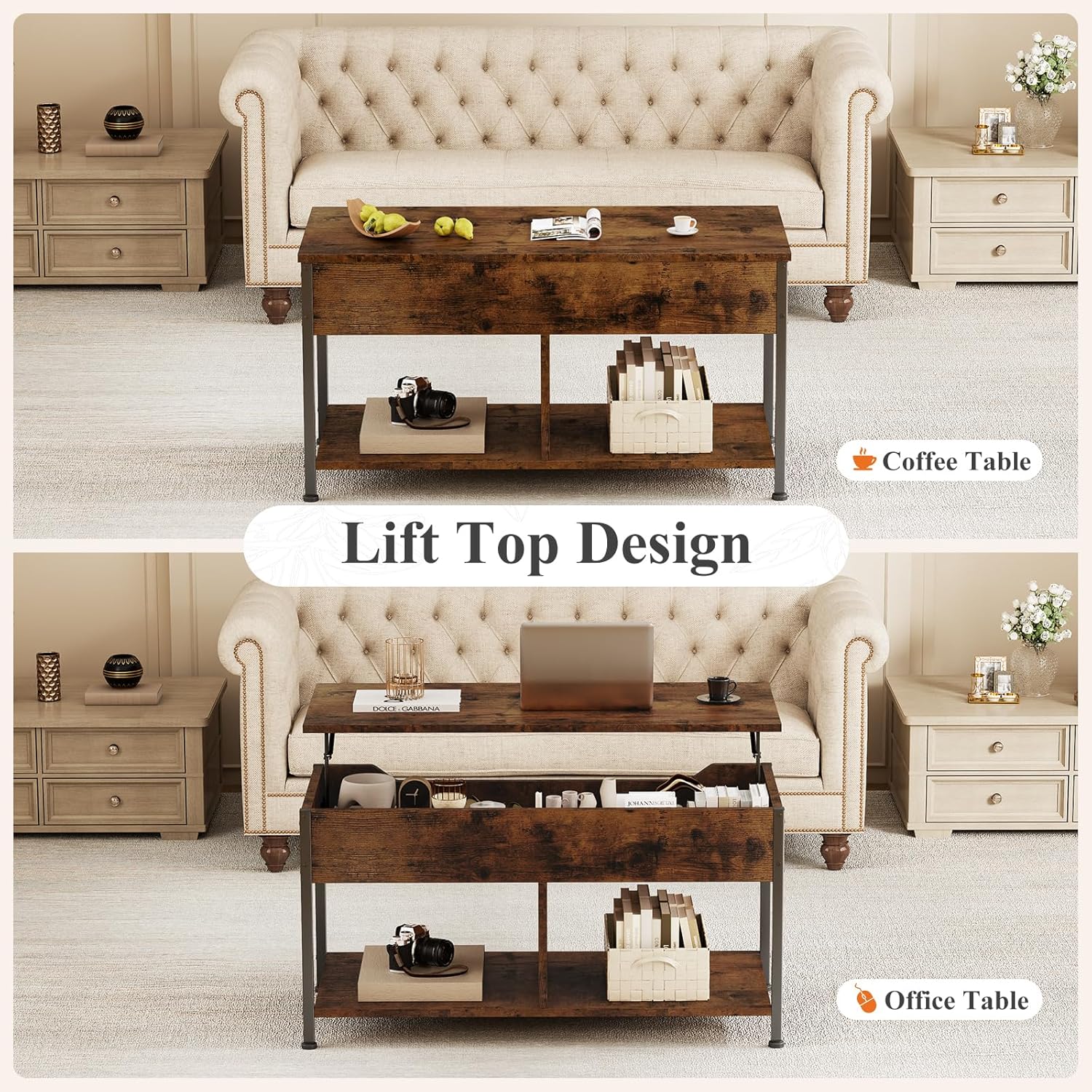 Lift Top Coffee Table with Storage 39 Center Table with Hidden Compartment & 2 Shelves Farmhouse, Wood Coffee Table for Living Room with Sturdy Lift-Top Adjustable Feet Brown
