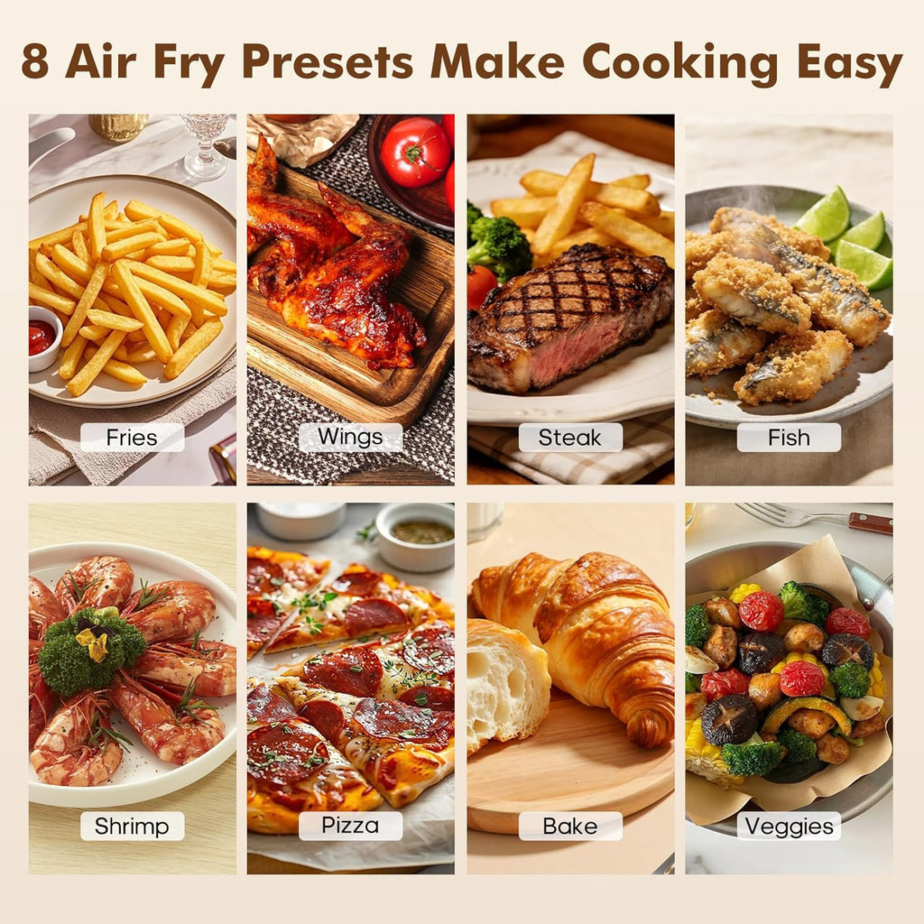 6.34QT Air Fryer with Window, 8 Food Presets with 400??F Max Heat, 90-Min Timer, Nonstick Dishwasher-Safe Basket for Air Fry, Roast, Reheat, Bake, Stainless Steel, White