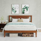 Queen Size Wood Bed Frame with Headboard, Solid Natural Wooden Platform Bed Base, Heavy Duty Slat Support Mattress Foundation, No Box Spring Needed, Low-Profile Design