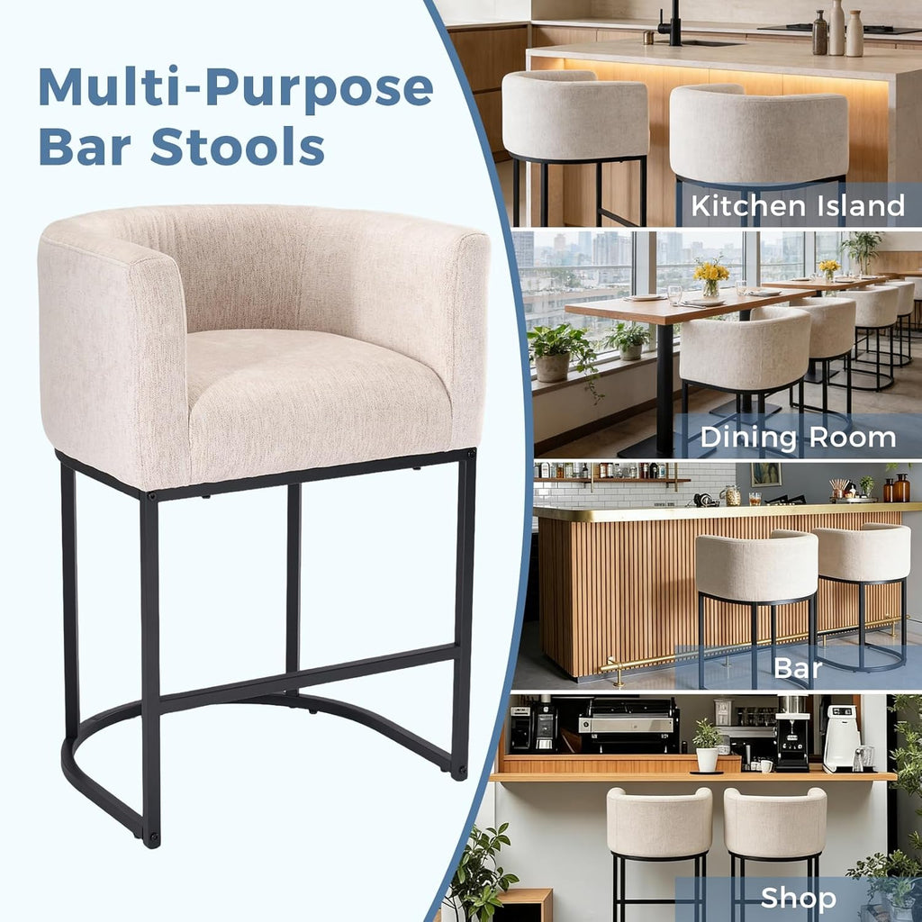 Barrel Bar Stools Set of 2, Modern Counter Height Barstools with Linen Fabric Upholstered Seat, 350lbs Capacity Kitchen Island Chair, Bar Stools with Metal Sled Base and Footrest, Light Grey
